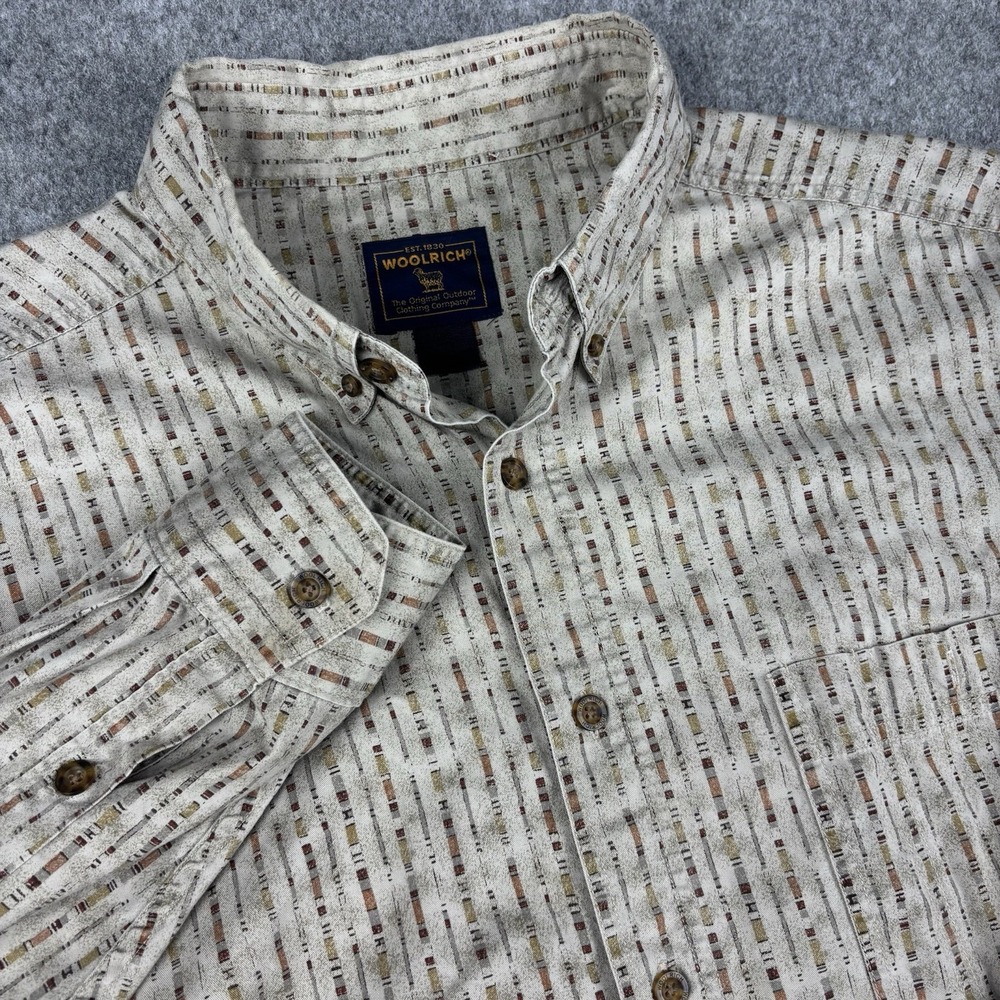 Woolrich Button Down Shirt Mens 2XL Khaki Striped Long Sleeve Cotton Casual
